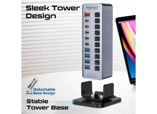 Promate GegaTower-60W, Fast Charge Multi-port USB-C Tower Hub with 5Gbps Data Transfer